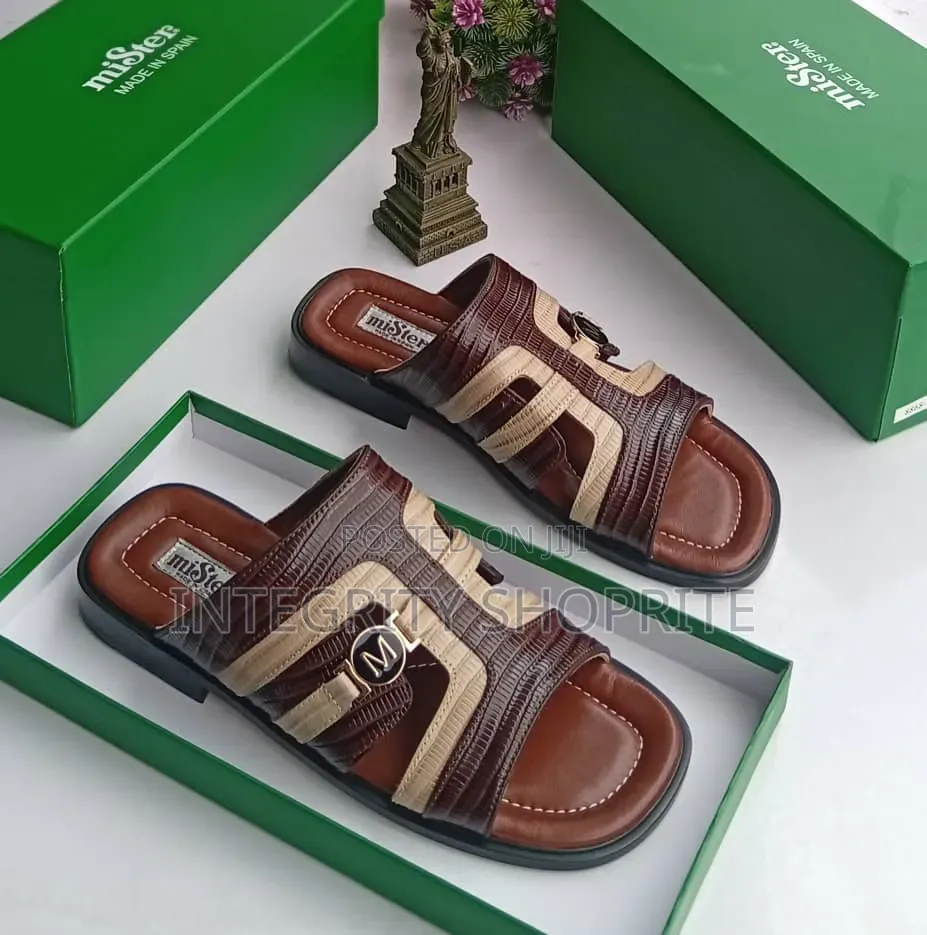 These Are Brown and Beige Mister Leather Palm Slippers Made in Spain