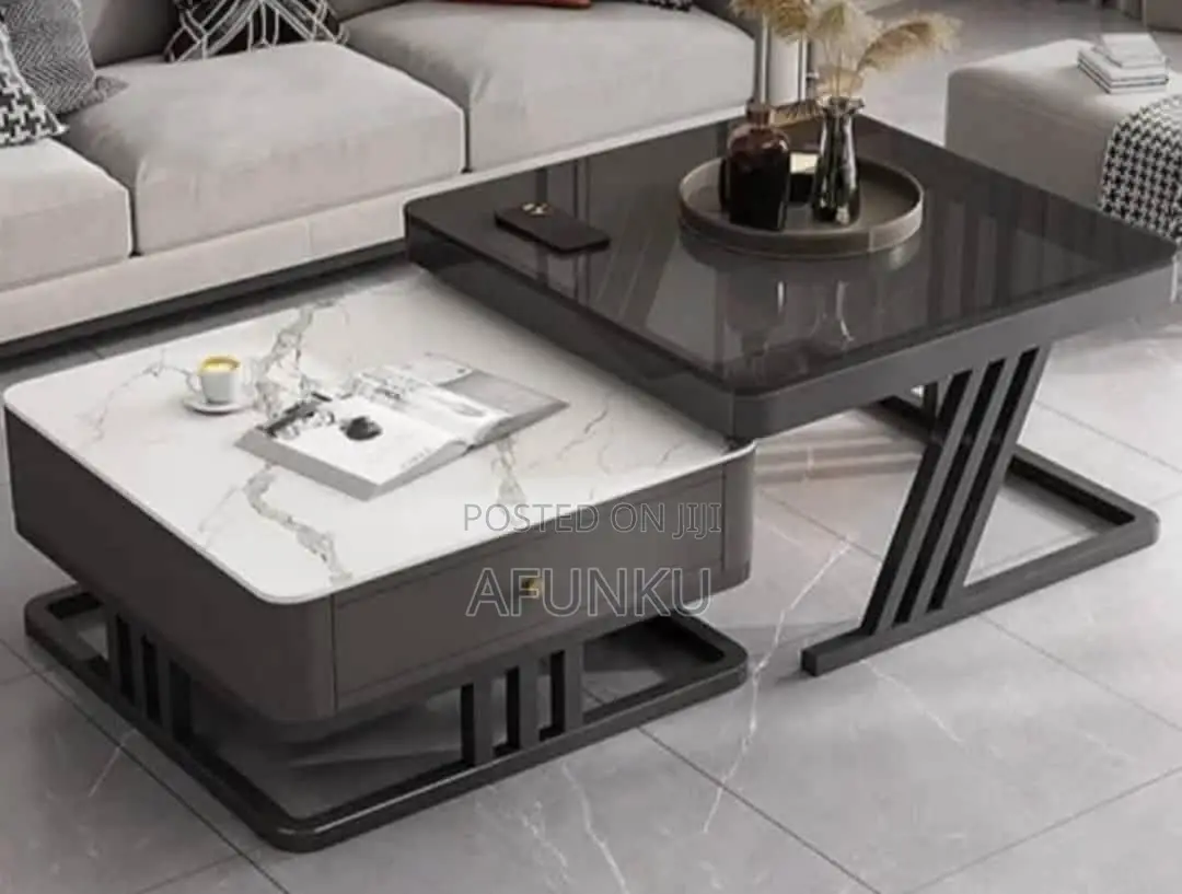 2 in 1 Marble Glass Twin Center Table With Drawer