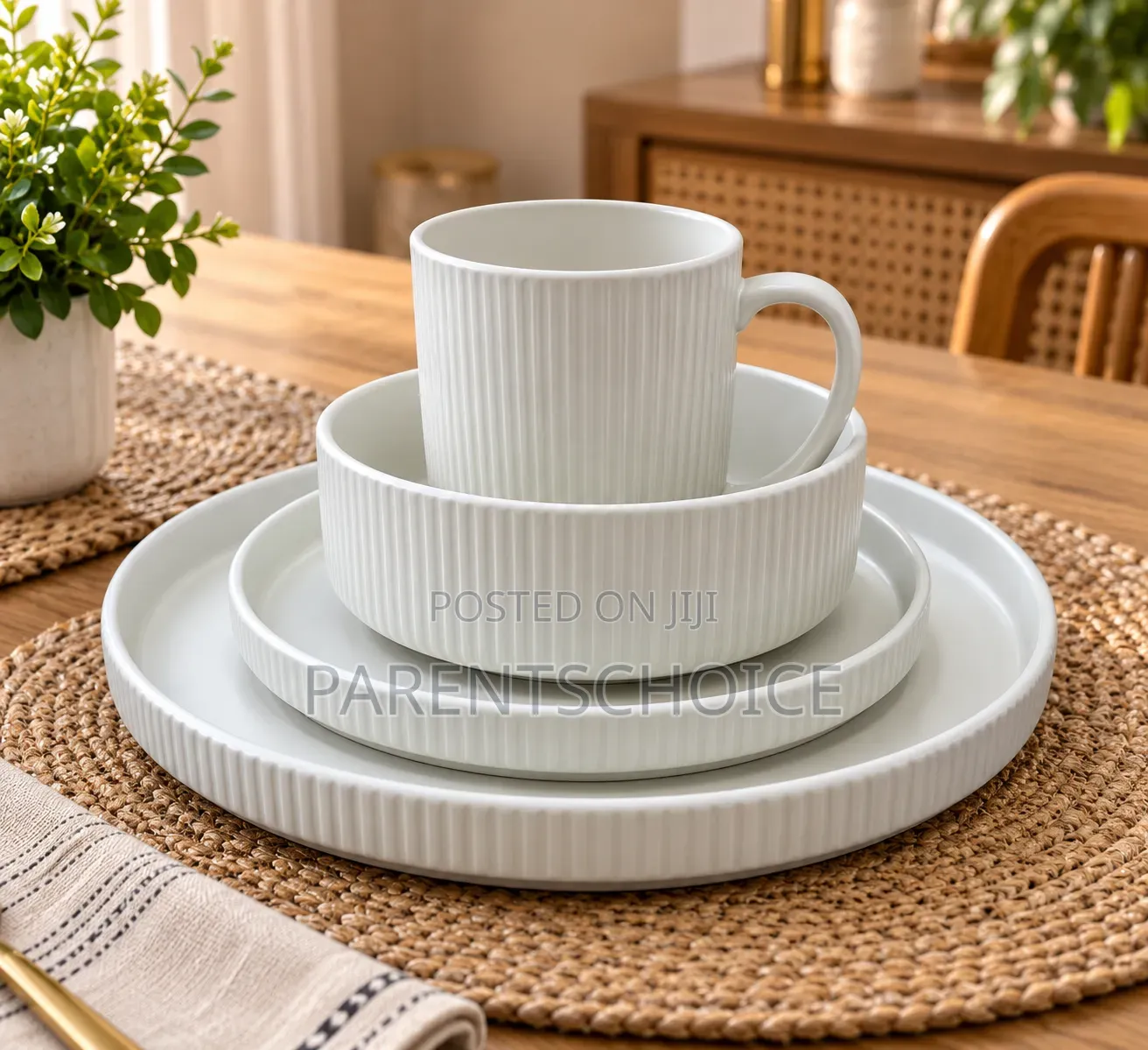 16-Piece White Ribbed Dinner Set