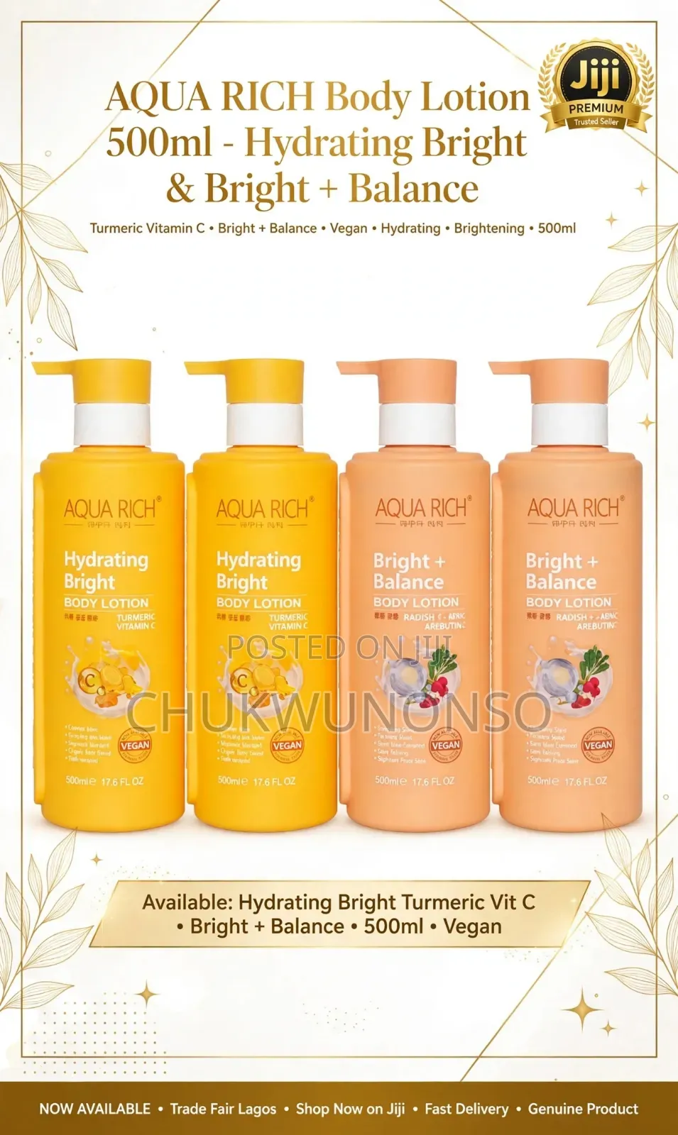 Aqua Rich Hydrating Bright Lotion 500ml Turmeric, Vitamin C - Vegan