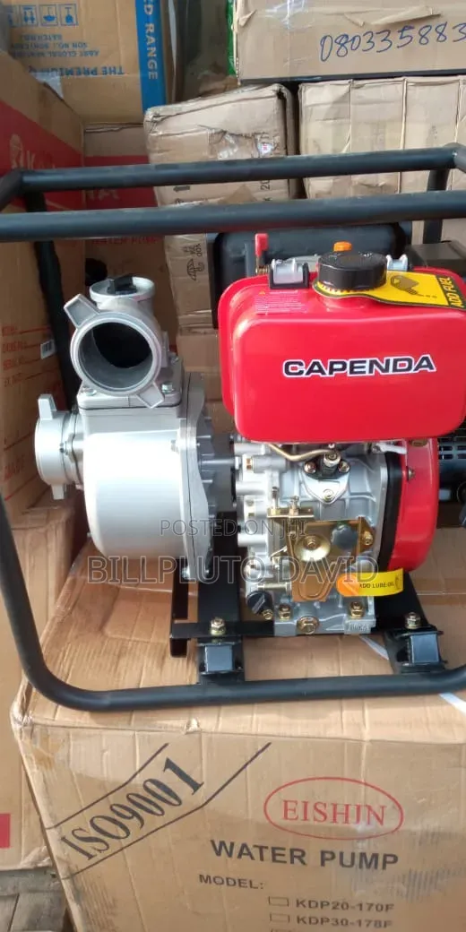 Capenda Diesel Water Pump Enclosed in a Black Protective Metal Frame