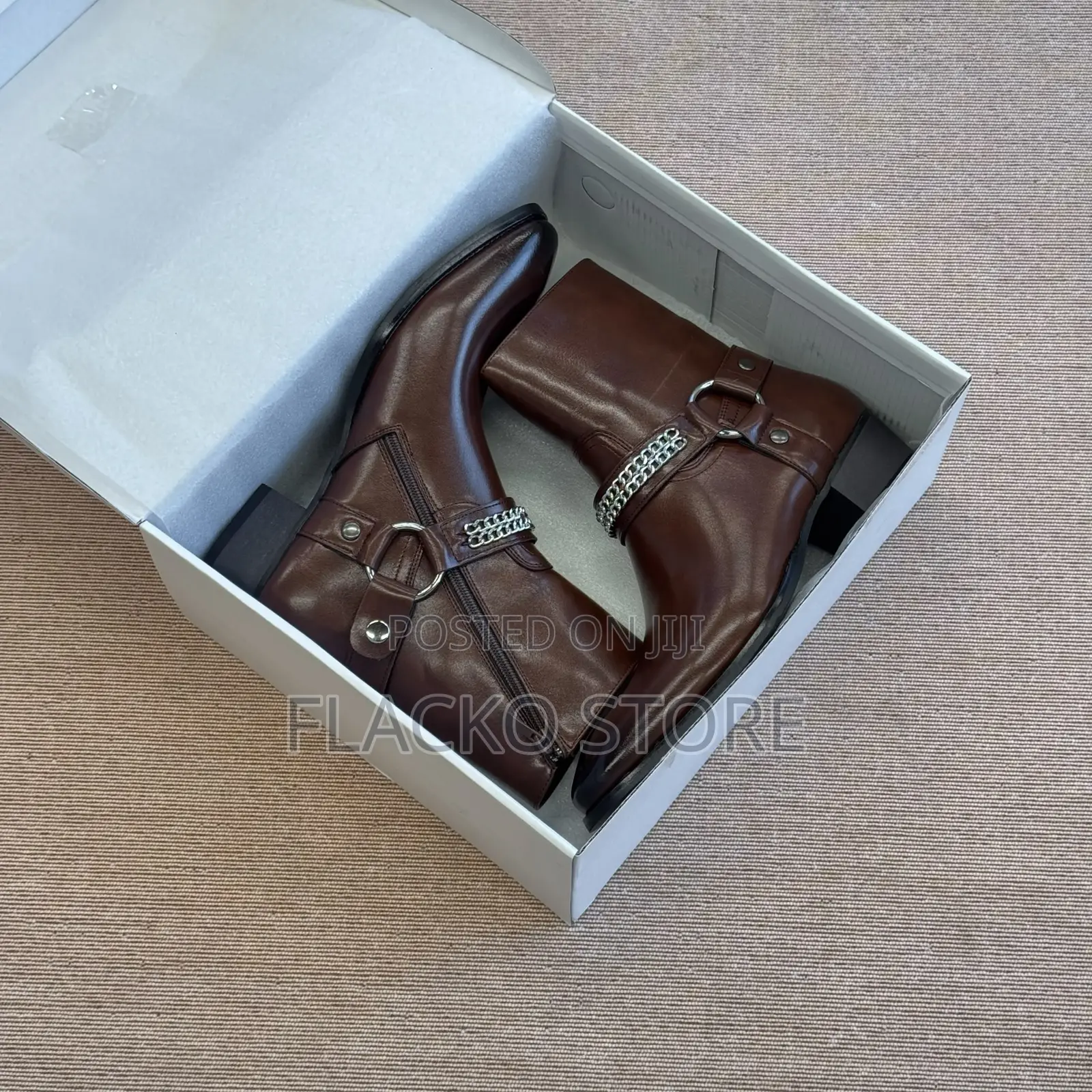 Premium Heeled Leather Smooth Leather Buckle Chain Strap Harness Boots