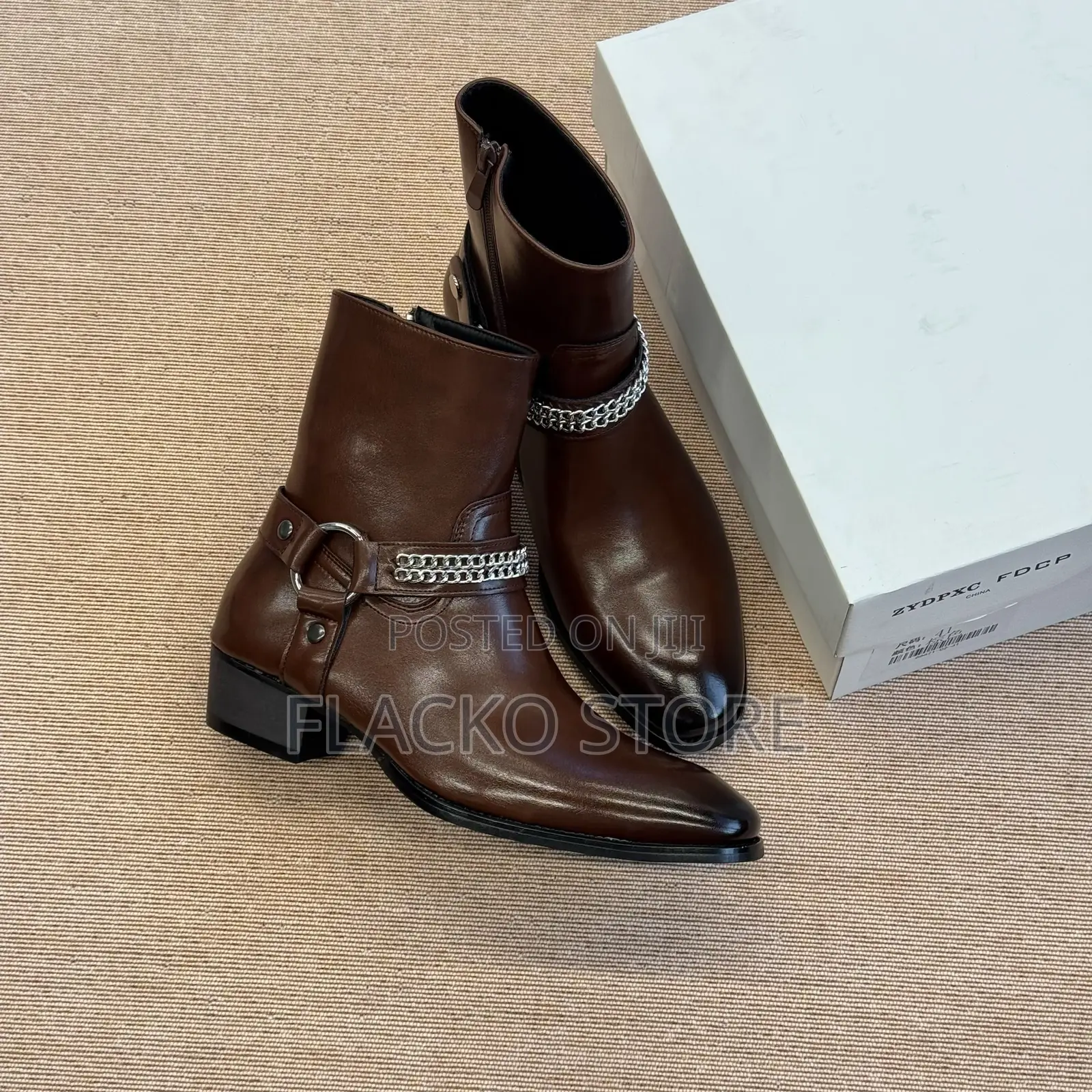 Premium Heeled Leather Smooth Leather Buckle Chain Strap Harness Boots