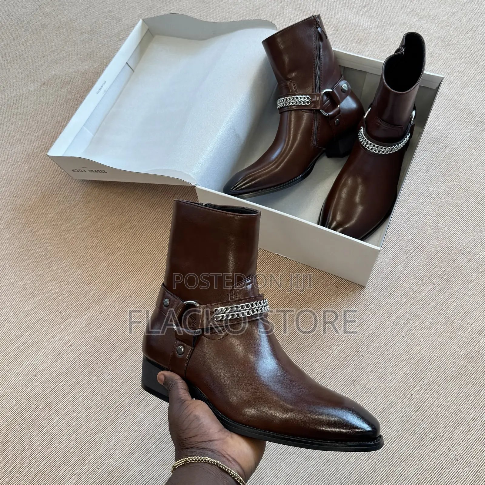 Premium Heeled Leather Smooth Leather Buckle Chain Strap Harness Boots
