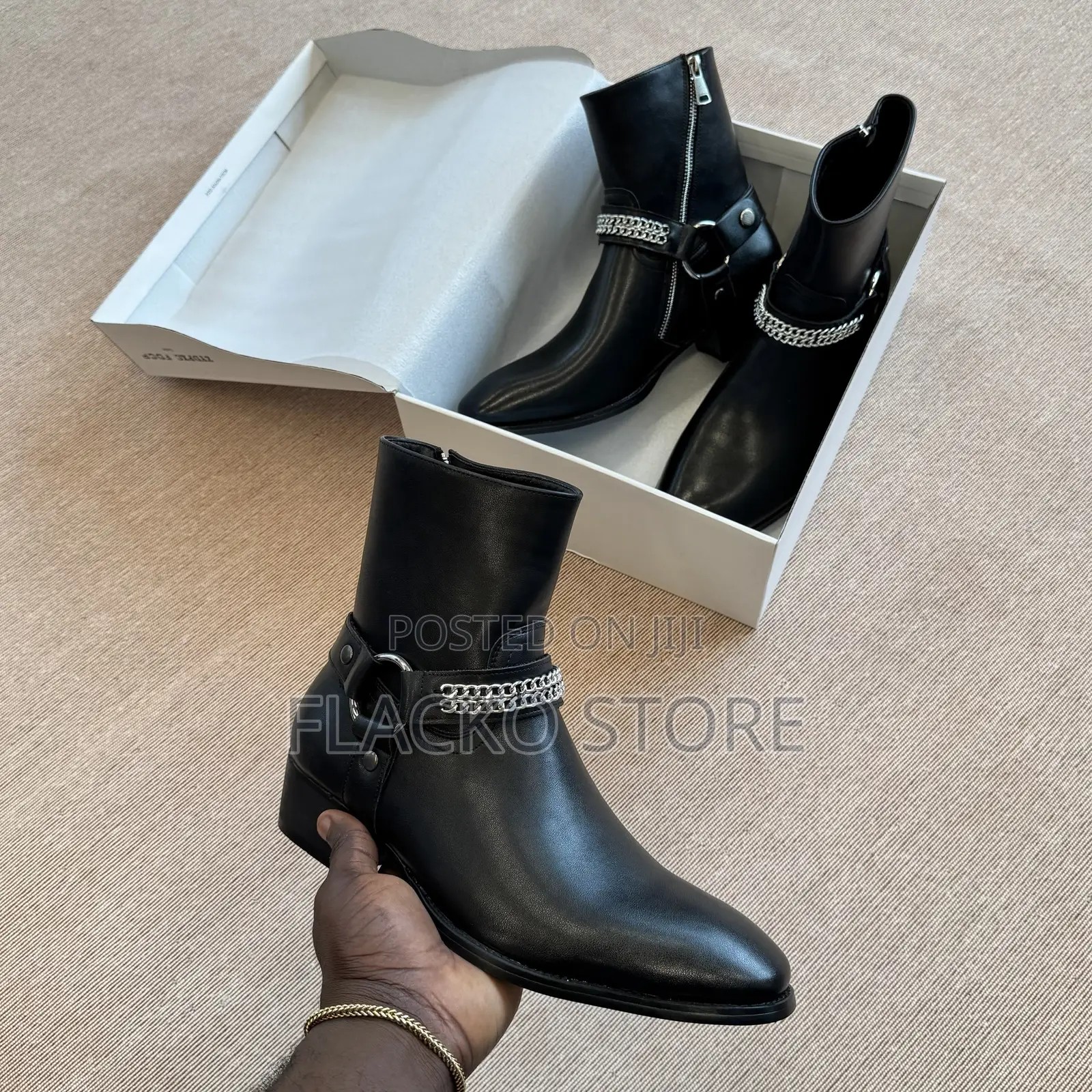 Premium Heeled Leather Smooth Leather Buckle Chain Strap Harness Boots