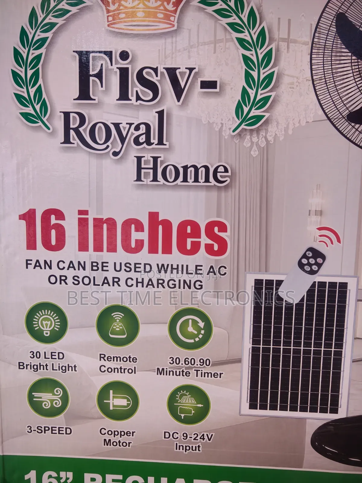 16" Fisv Royal Rechargeable Solar Stand Fan