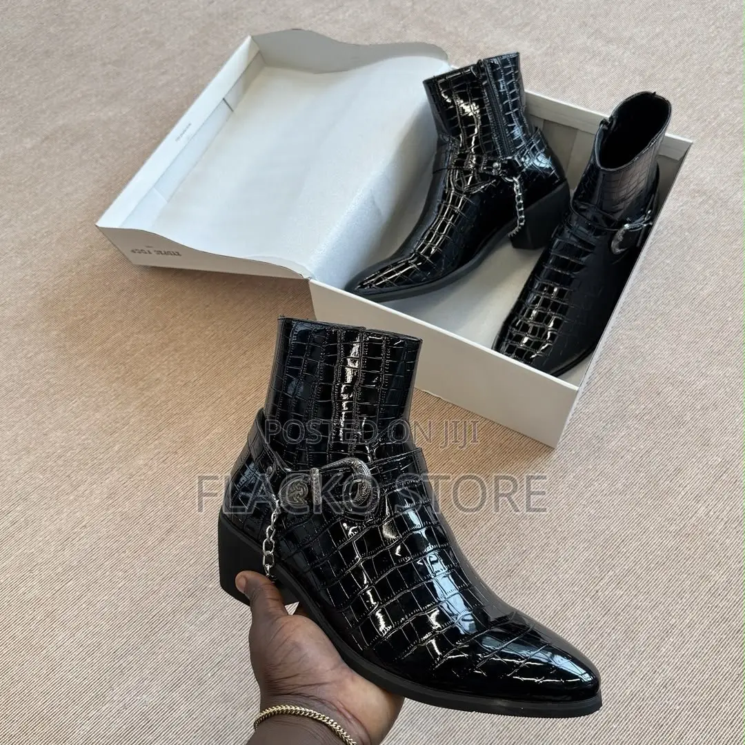 High Quality Premium Heeled Croc-Embossed Harness Leather Ankle Boots
