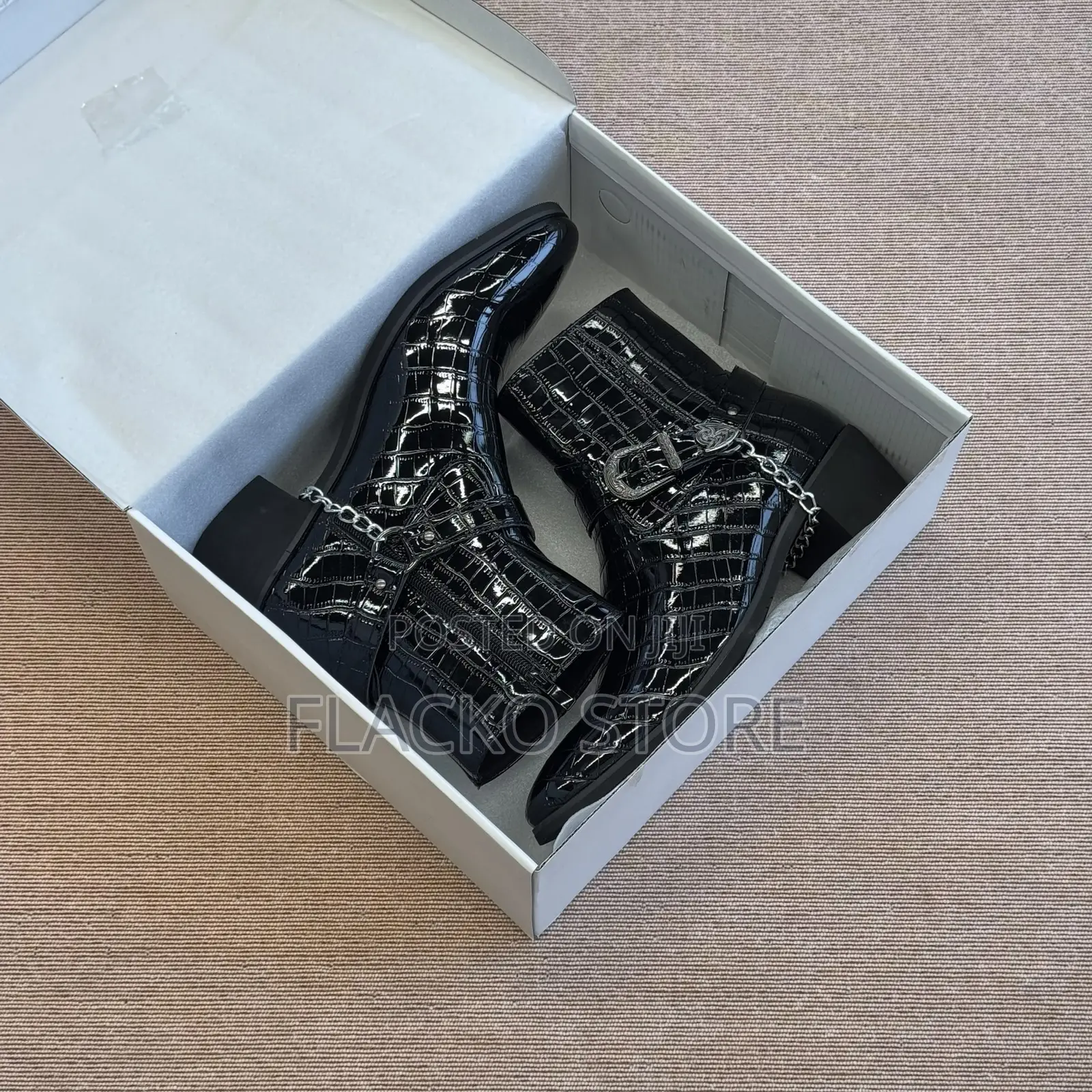 High Quality Premium Heeled Croc-Embossed Harness Leather Ankle Boots
