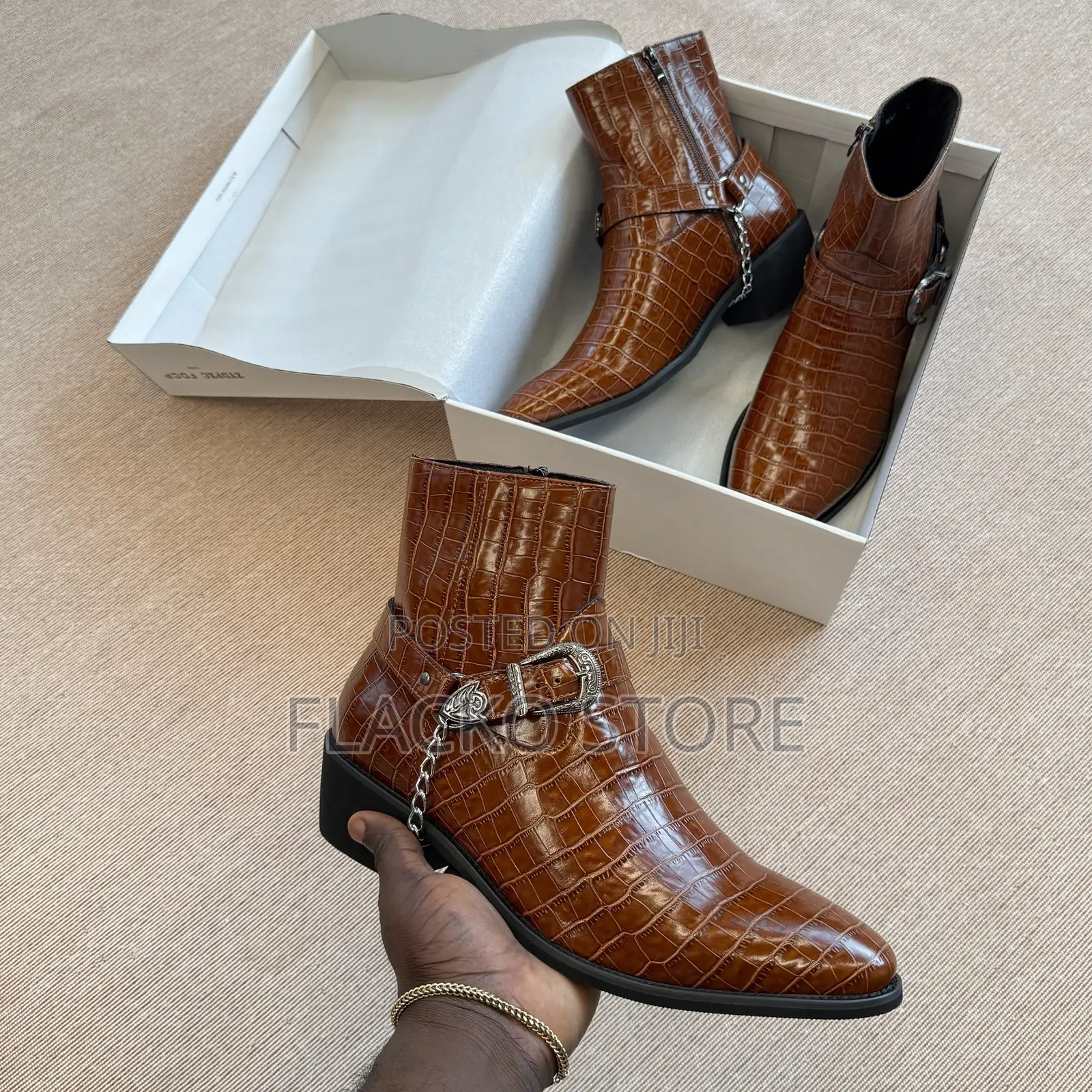 High Quality Premium Heeled Croc-Embossed Harness Leather Ankle Boots