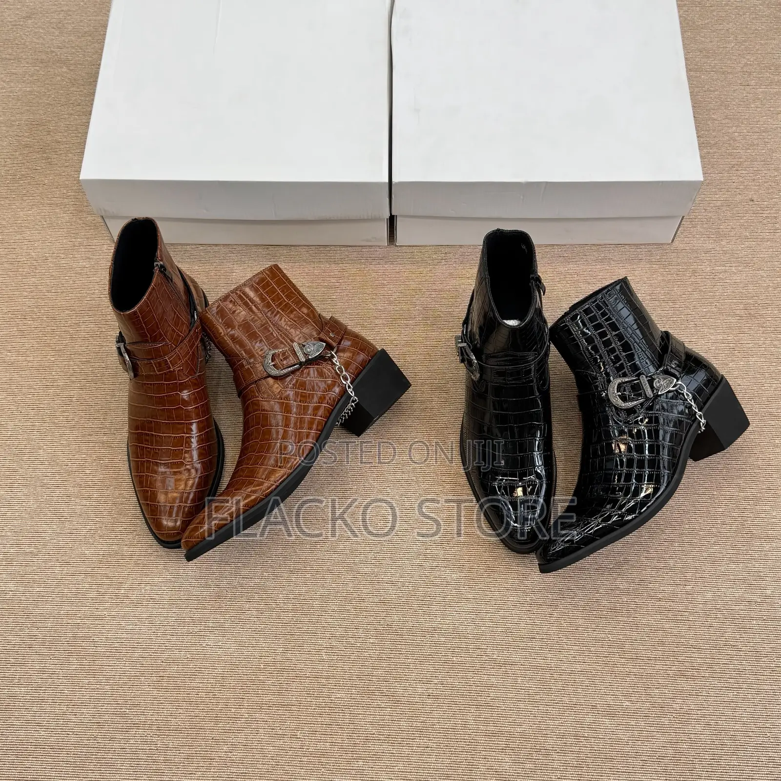 High Quality Premium Heeled Croc-Embossed Harness Leather Ankle Boots