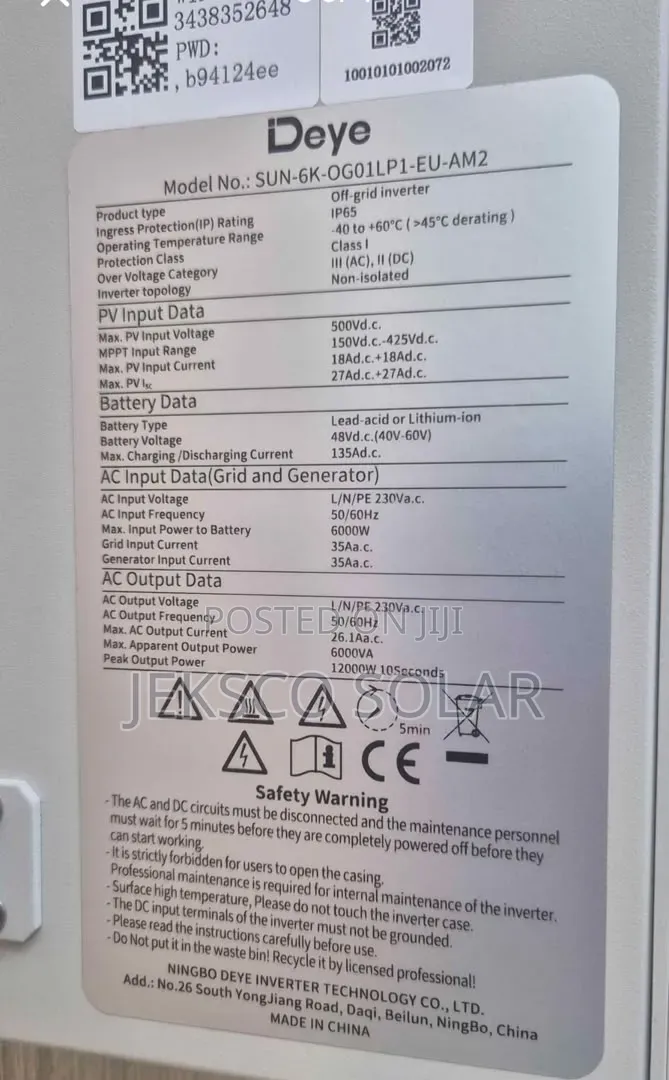 Deye 6.2kva Hybrid Inverter, 48v, Wifi Connectivity
