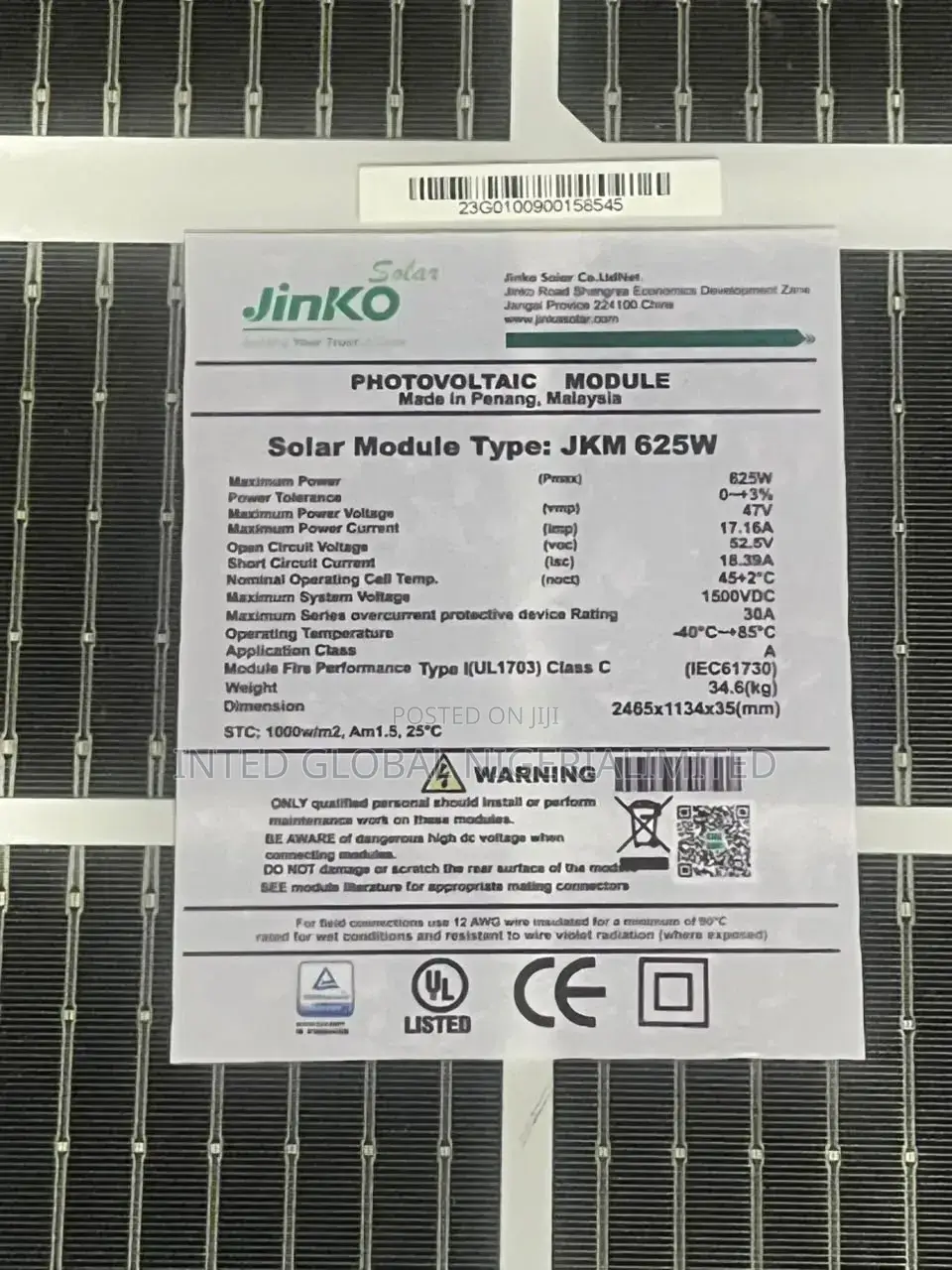 625w Jinko Solar Panel (Bifacial)