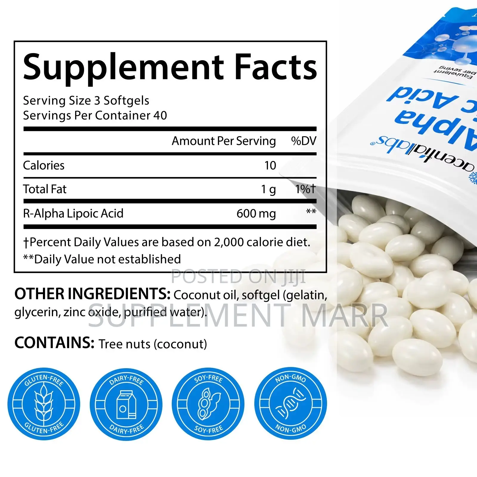 R-Alpha Lipoic Acid 600 MG Equivalent Per Serving With Coconut Oil