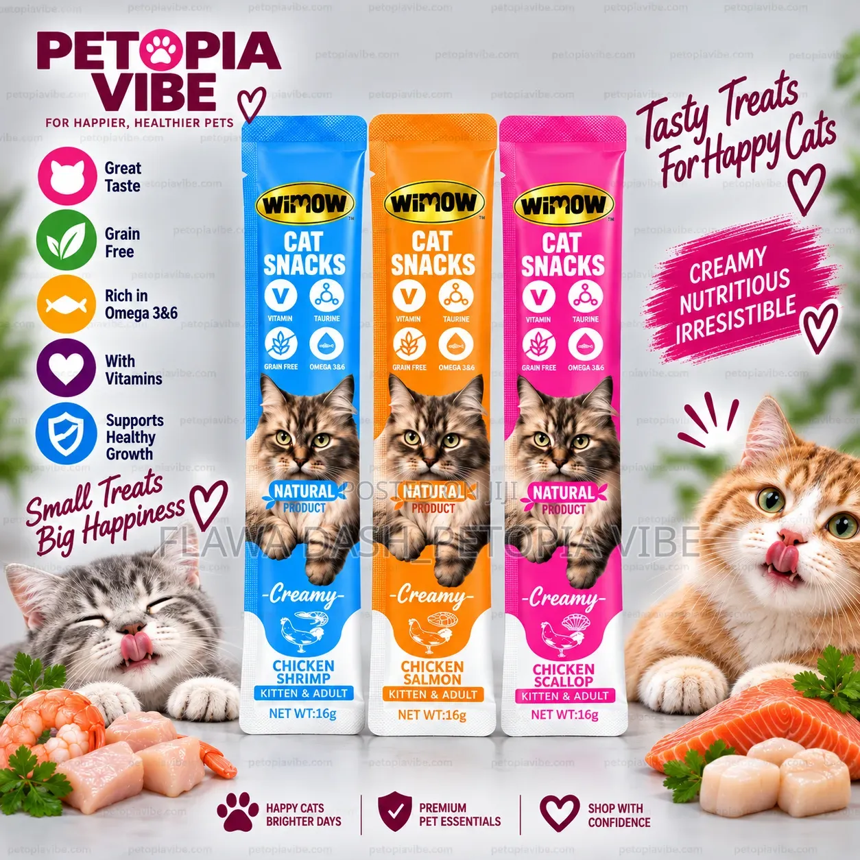 WiMOW Creamy Cat Snacks – Chicken, Salmon & Scallop Flavours 16g
