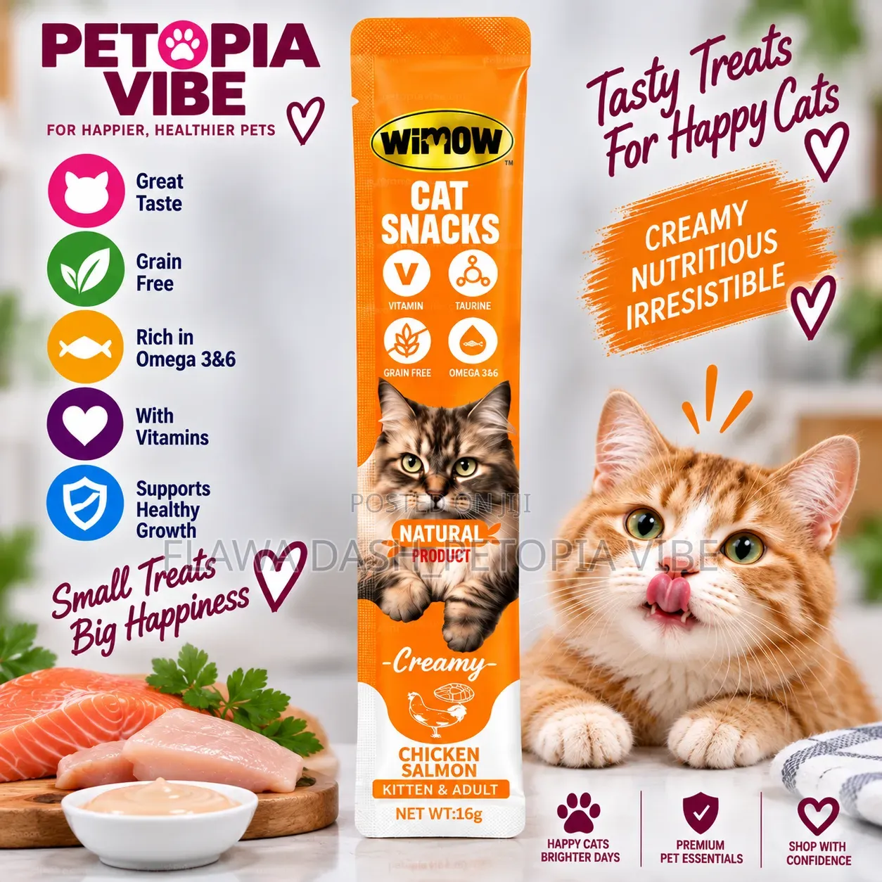 WiMOW Creamy Cat Snacks – Chicken, Salmon & Scallop Flavours 16g