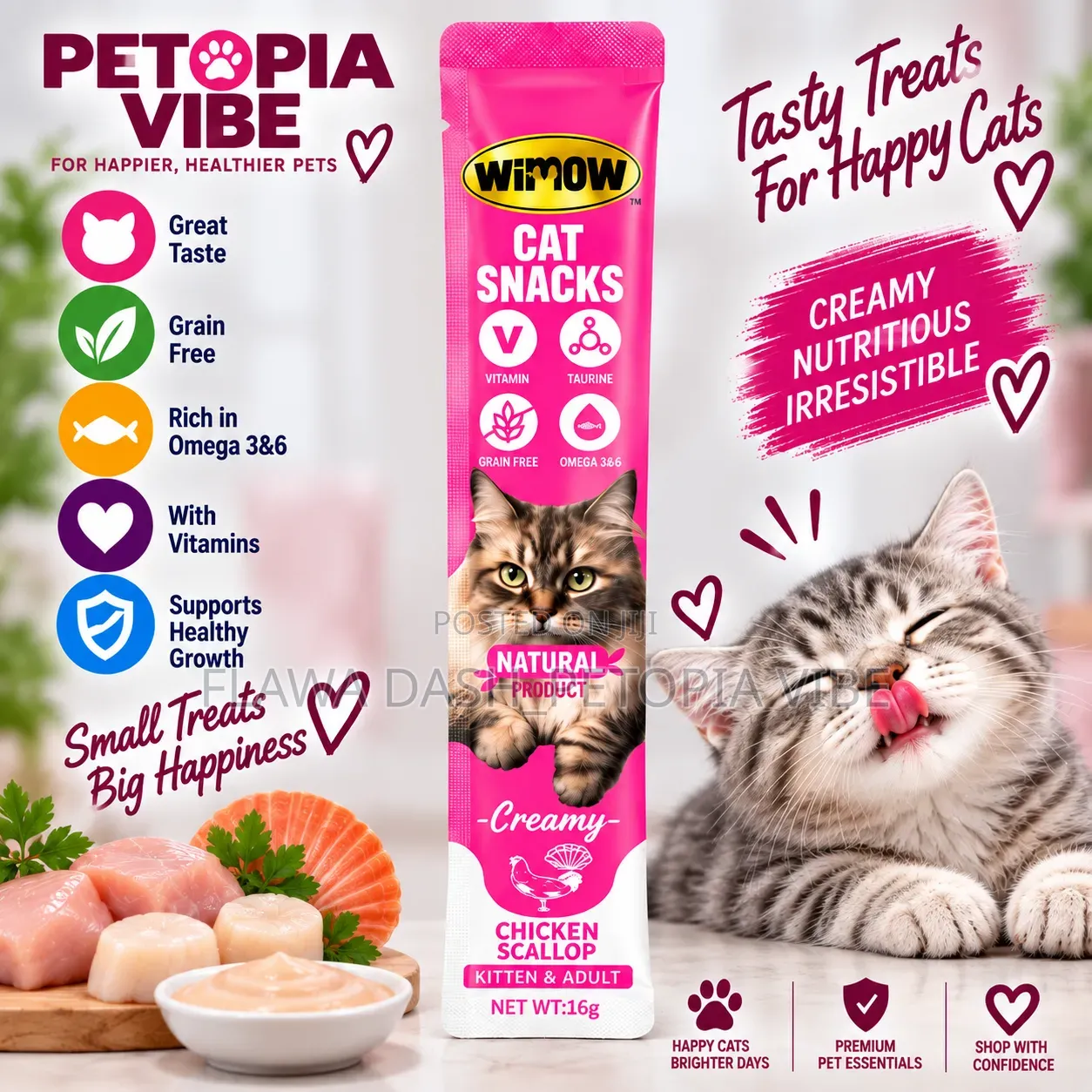 WiMOW Creamy Cat Snacks – Chicken, Salmon & Scallop Flavours 16g