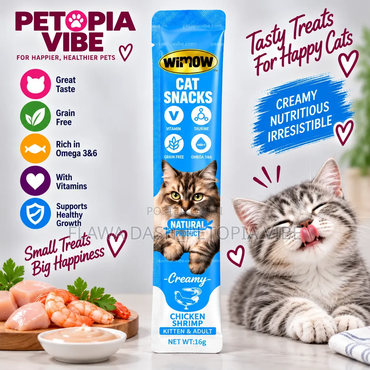 WiMOW Creamy Cat Snacks – Chicken, Salmon & Scallop Flavours 16g