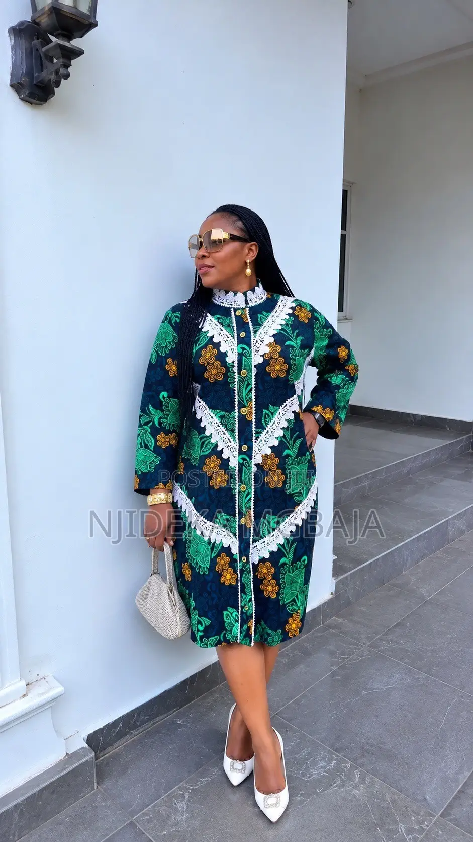 Green and White Floral Ankara Midi Gown