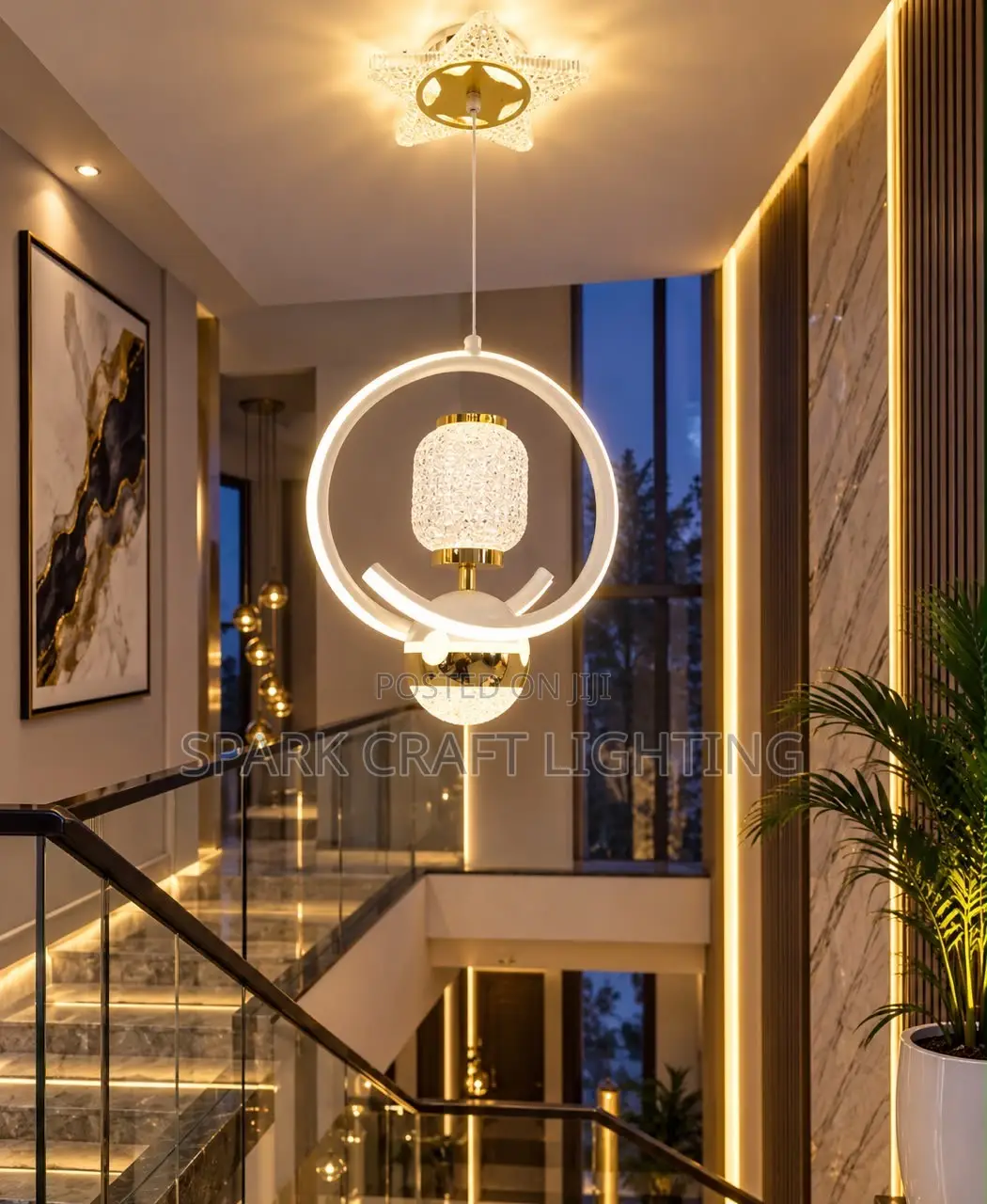 Adjustable Height Modern Pendant Lamp Golden Aluminium Acrylic LED