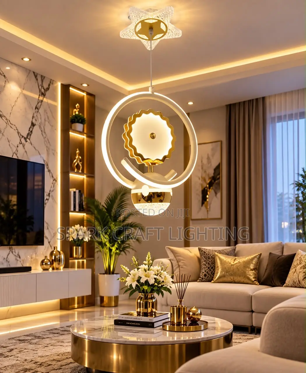 Adjustable Height Modern Pendant Lamp Golden Aluminium Acrylic LED