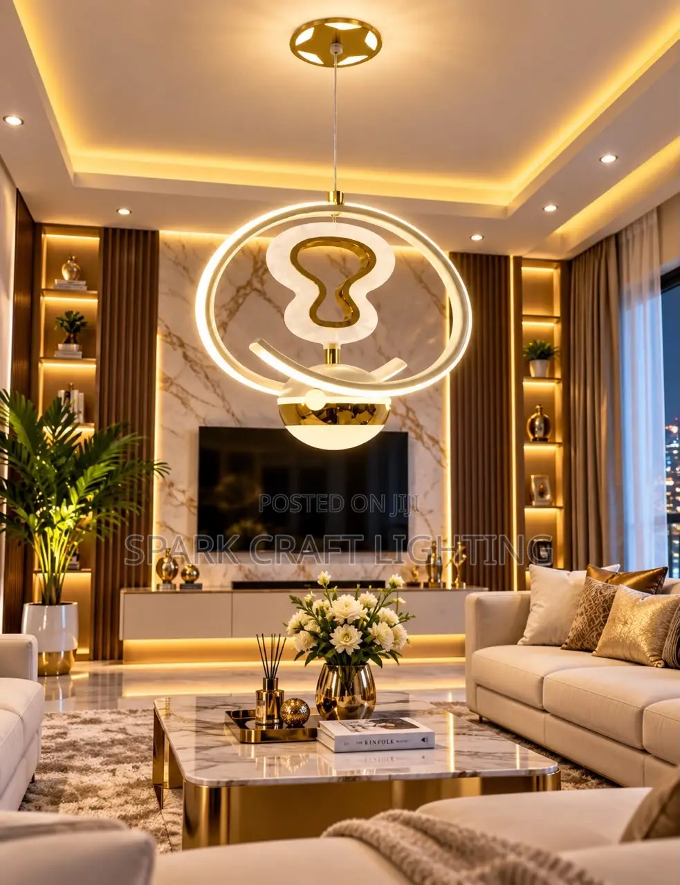 Adjustable Height Modern Pendant Lamp Golden Aluminium Acrylic LED