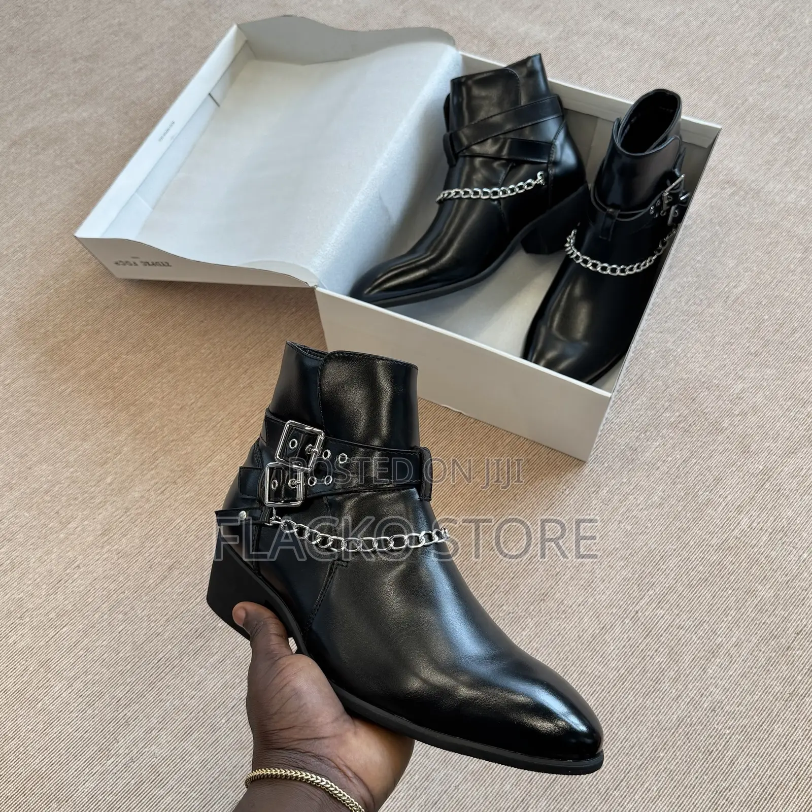 High Quality Heeled Smooth Leather Double Buckle Strap Ankle Boots