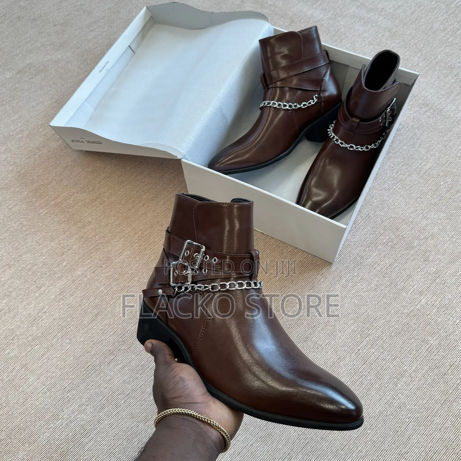 High Quality Heeled Smooth Leather Double Buckle Strap Ankle Boots