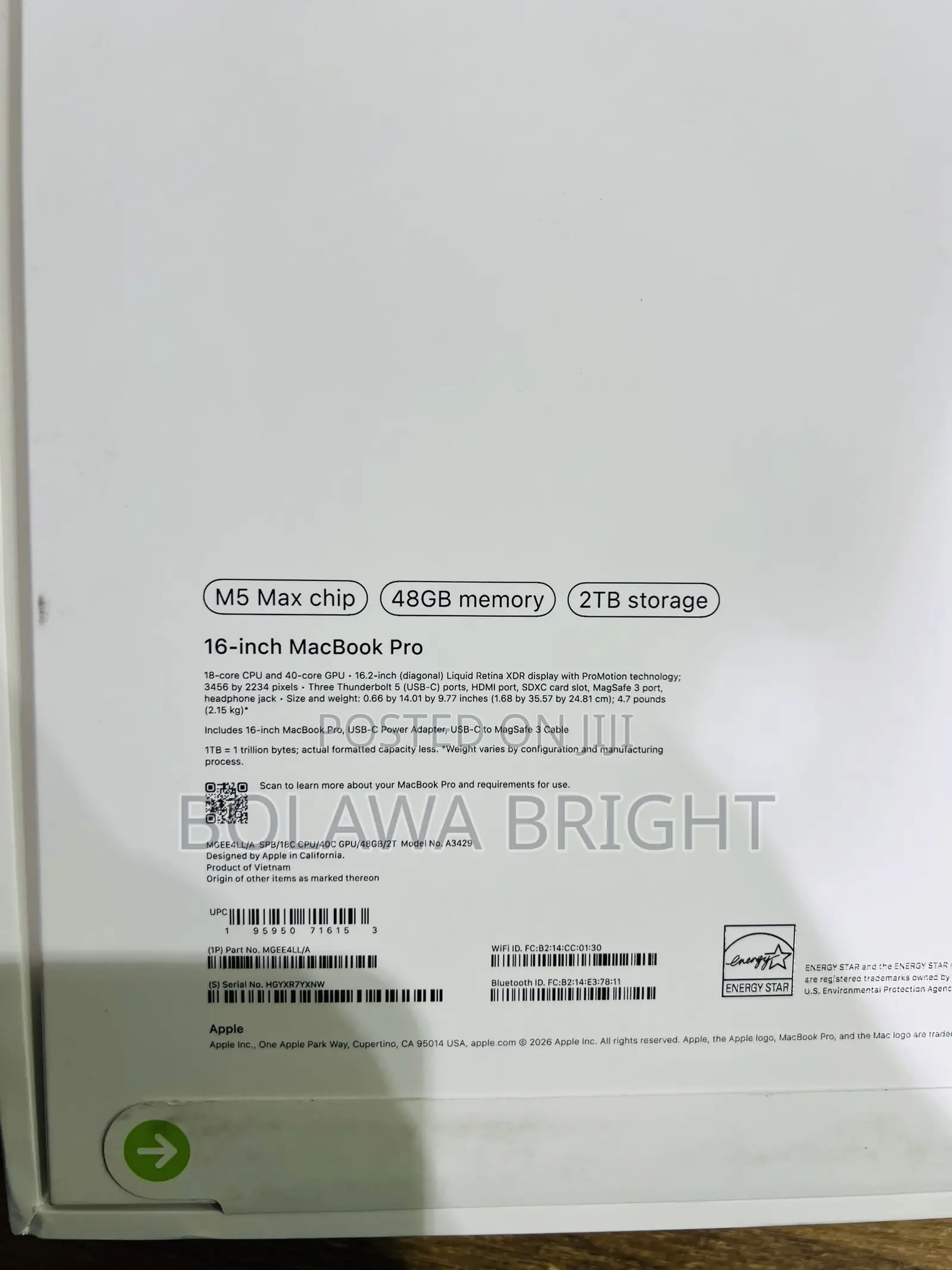 New Laptop Apple MacBook Pro 2026 M5 Max 48GB Apple M5 Max SSD 2T