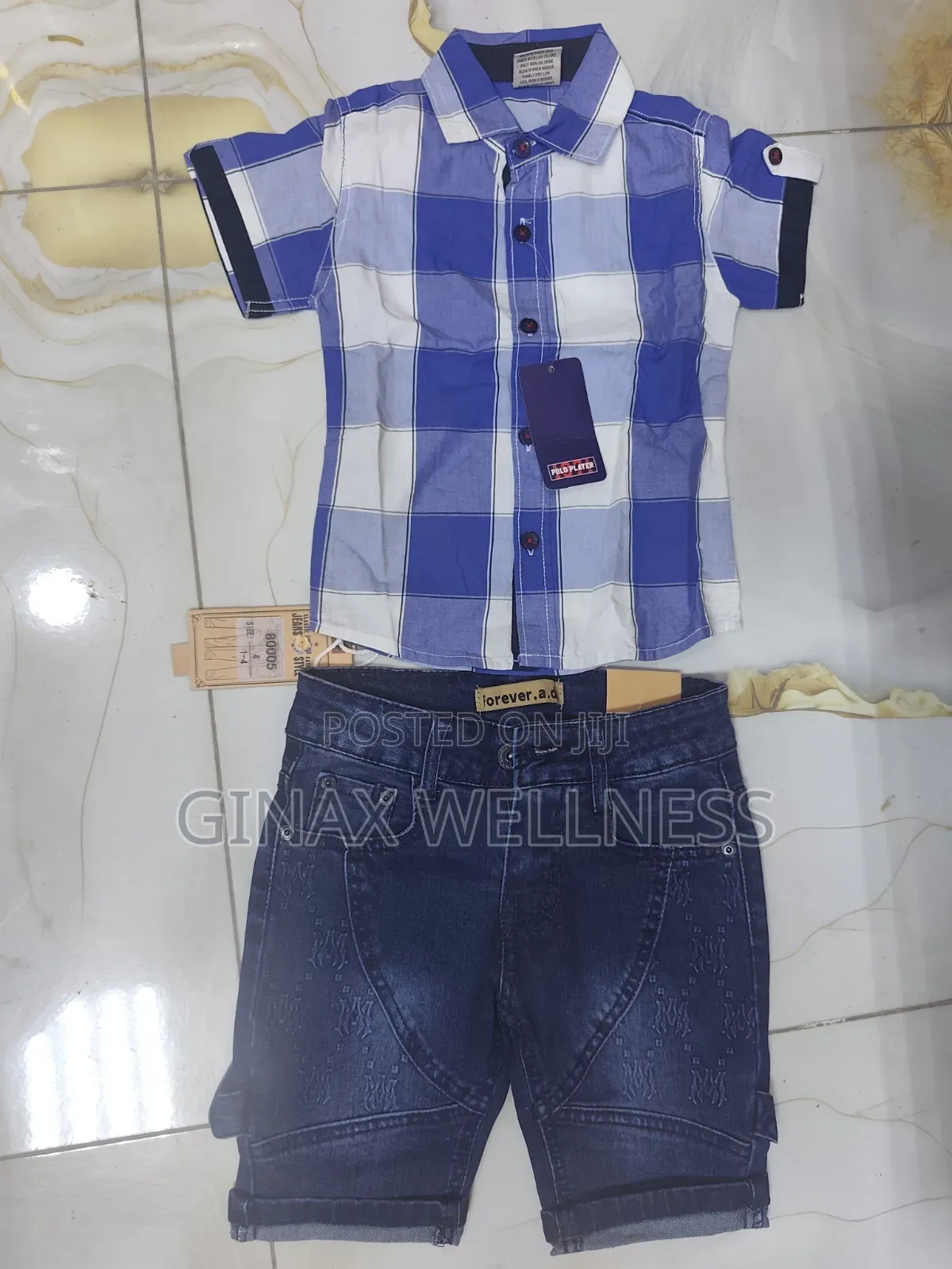 Boys Short Sleeve Checkered Shirt and Denim Jeans Shorts Set