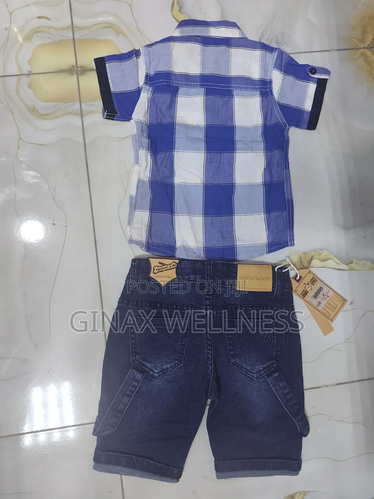 Boys Short Sleeve Checkered Shirt and Denim Jeans Shorts Set