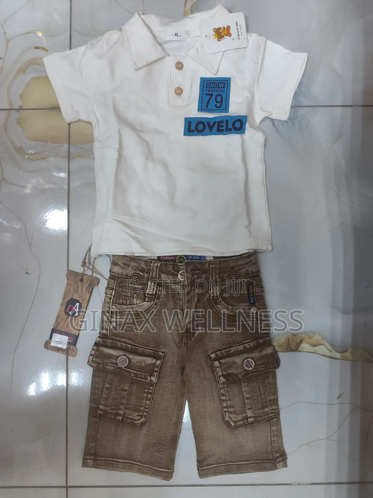 2-Piece Boys White Polo Shirt and Brown Cargo Denim Shorts Set