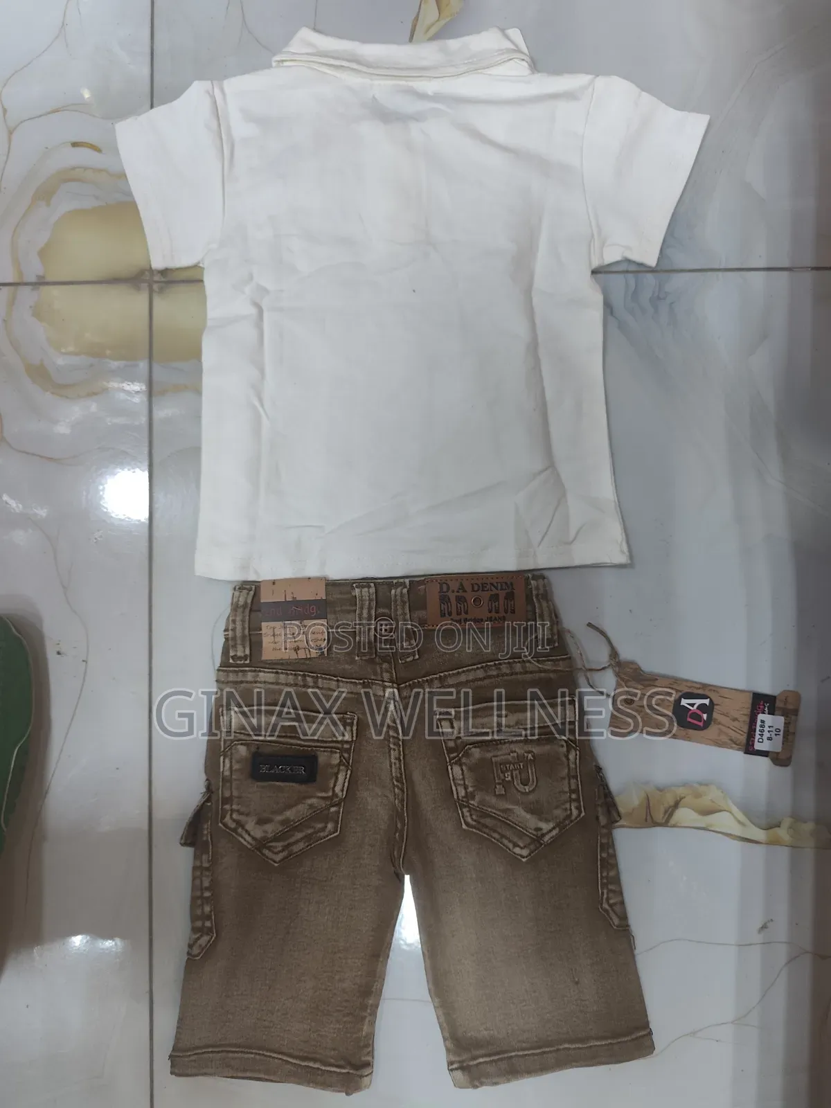 2-Piece Boys White Polo Shirt and Brown Cargo Denim Shorts Set