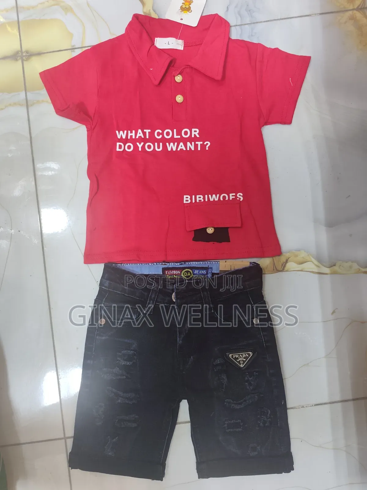 2-Piece Boys Red Polo Shirt and Black Denim Jeans Shorts Set