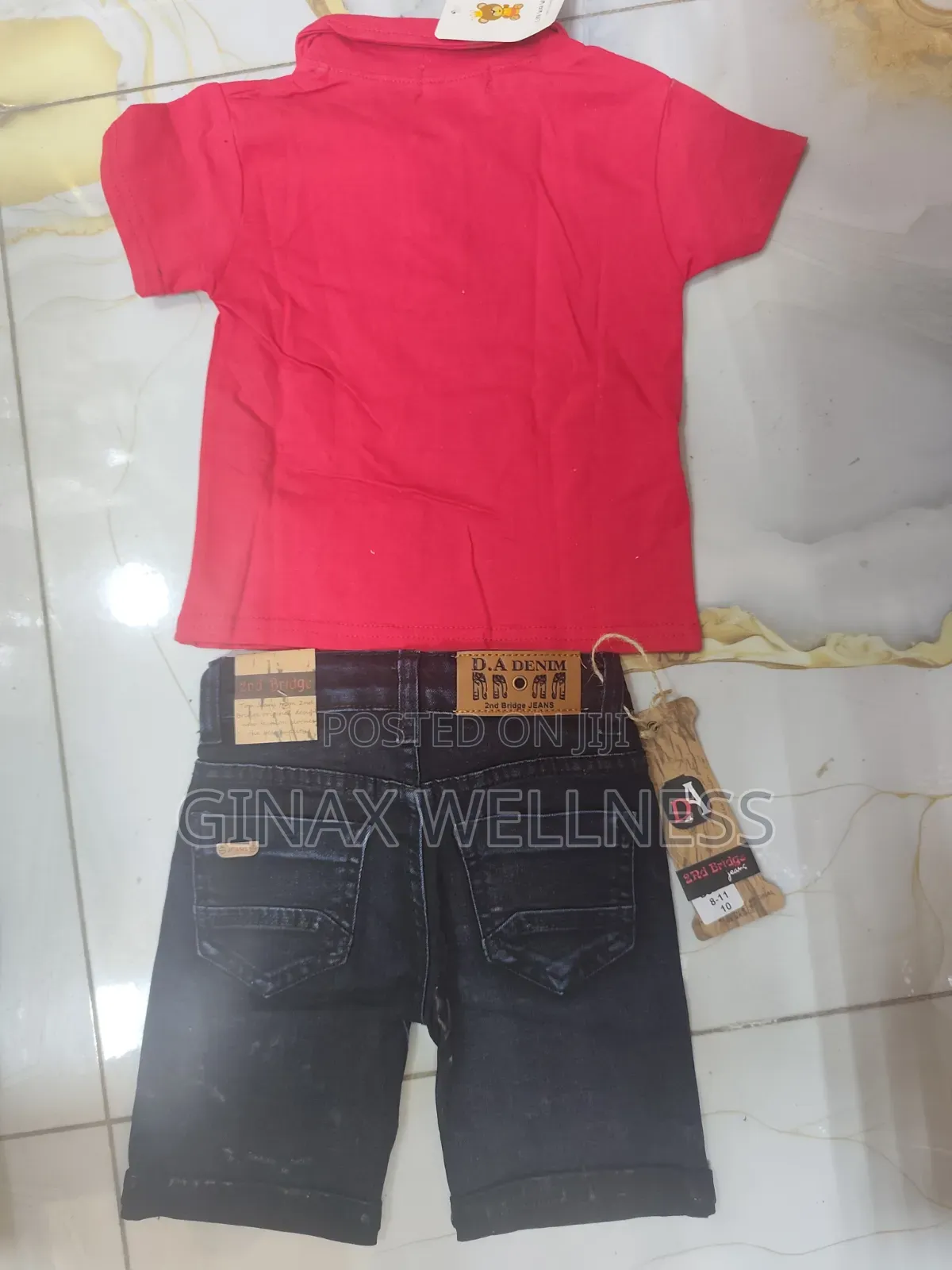 2-Piece Boys Red Polo Shirt and Black Denim Jeans Shorts Set