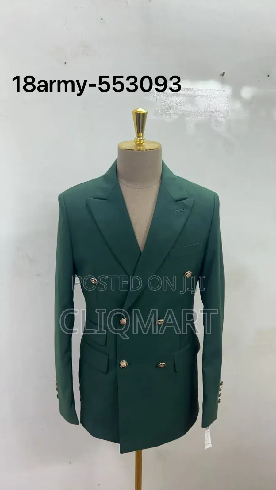 Army Green Double-Breasted Suit Blazer – Gold Buttons, Lapel Jacket
