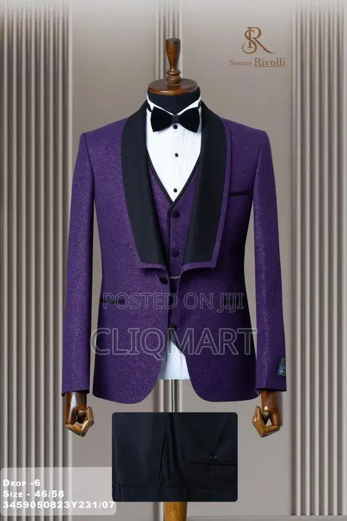 Purple Shimmer 3-Piece Tuxedo Suit – Senzo Rivolli Black Satin Lapel