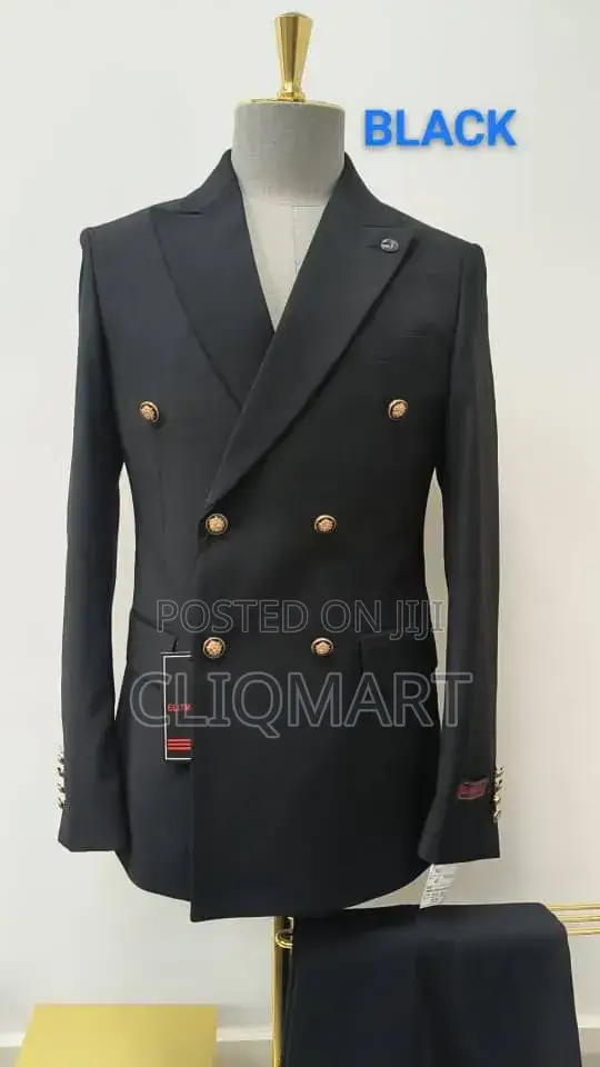 Black Double-Breasted Suit – Gold Button Blazer