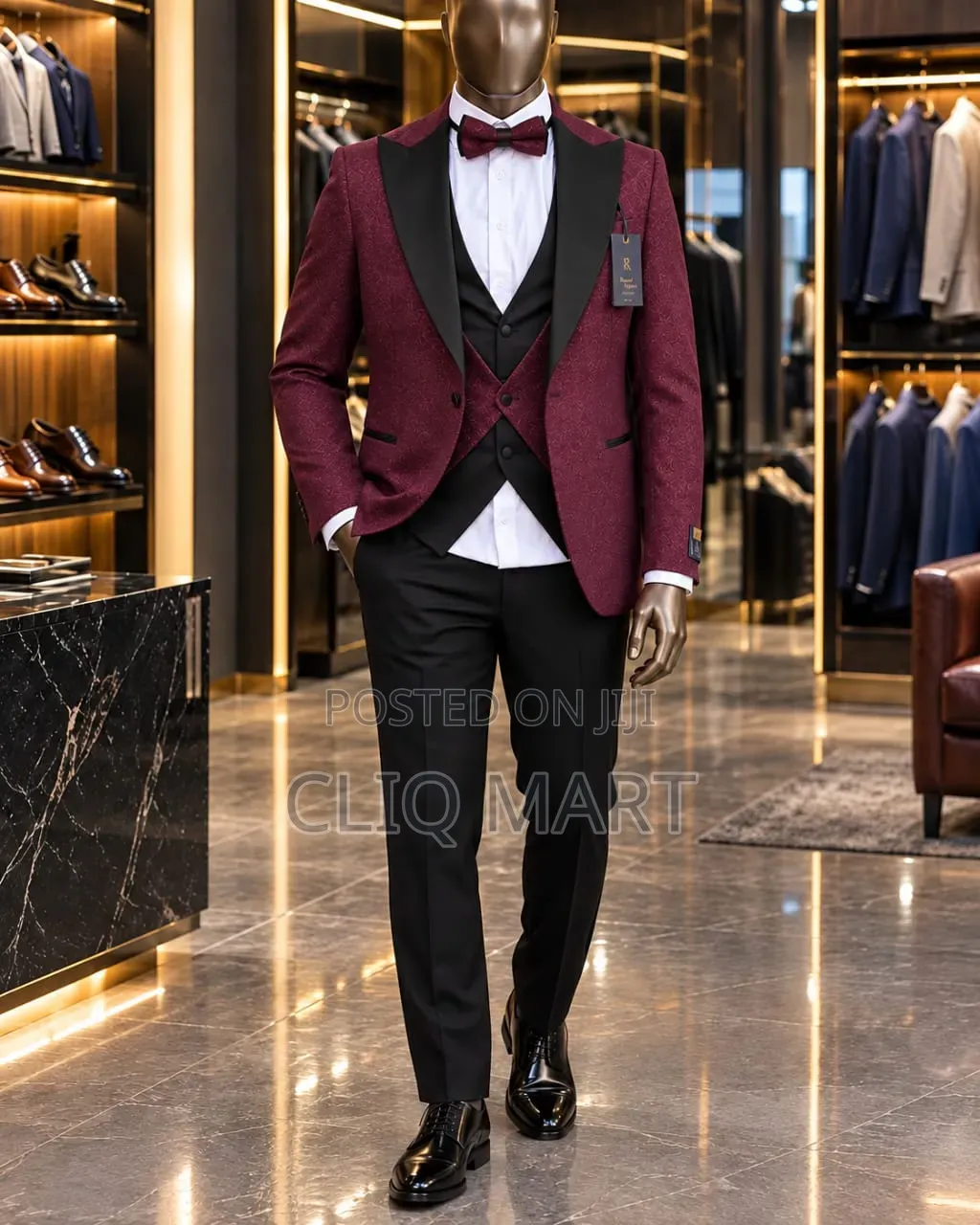 Burgundy Shimmer 3-Piece Tuxedo Suit – Black Satin Peak Lapel