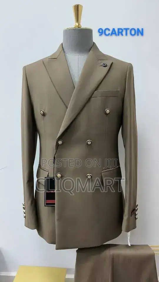 Khaki Double-Breasted Suit – Gold Button Blazer