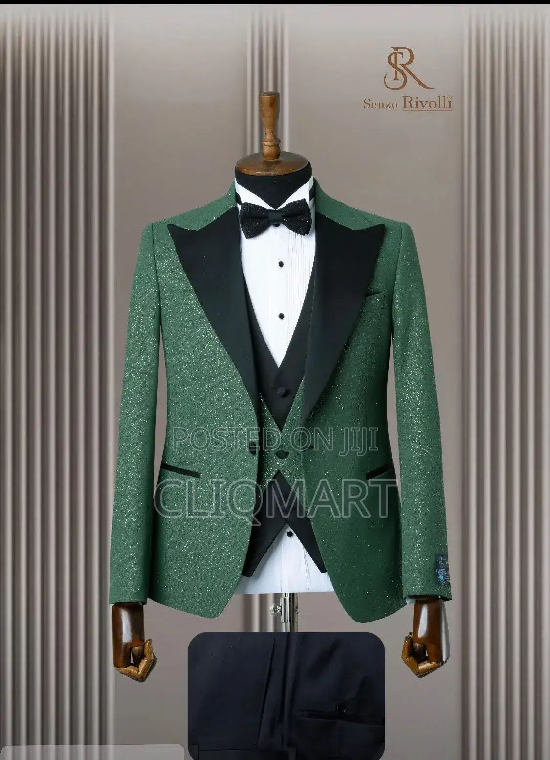 Emerald Green Sequin 3-Piece Tuxedo Suit – Black Satin Peak Lapel