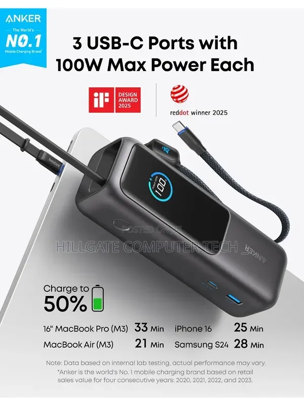 Anker 25k 165w Power Bank With Inbuilt and Retractable Cable