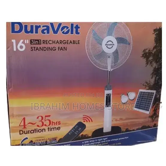 Dura Volt Rechargeable Standing Fan With Panel and 2 Bulb
