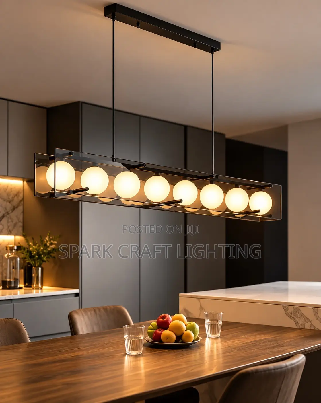 Modern 8-Light LED Pendant Chandelier – Black Glass Design