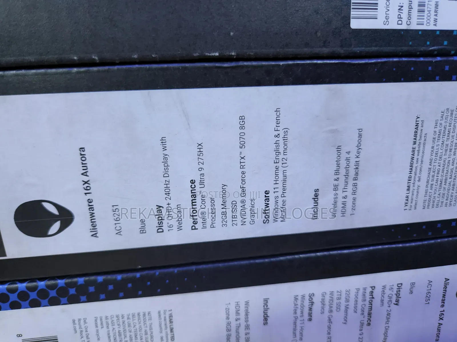 New Laptop Dell Alienware Aurora 16 32GB Intel Core Ultra 9 SSD 2T
