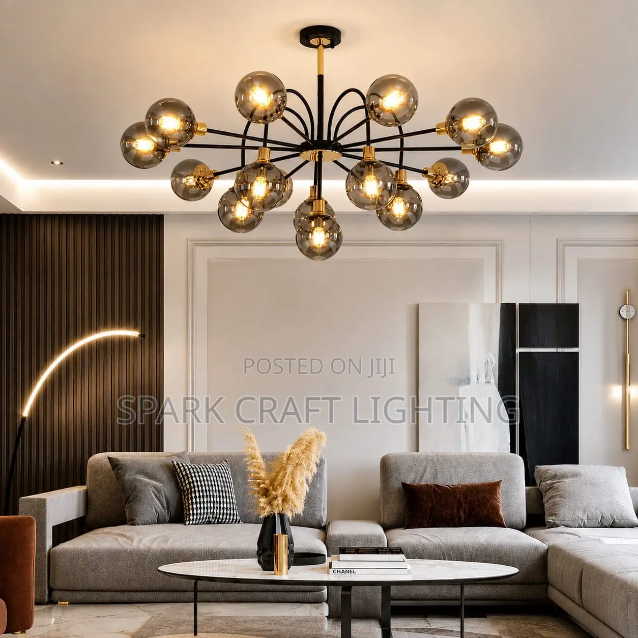 13-Glass Modern Sputnik Chandelier – Black & Gold