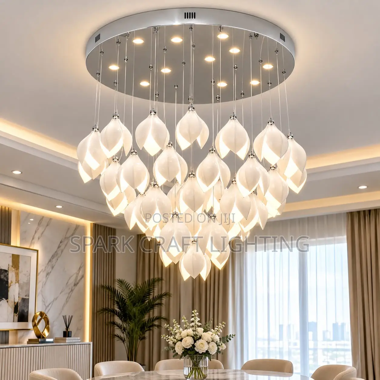 Luxury Cascading LED Chandelier – White & Silver