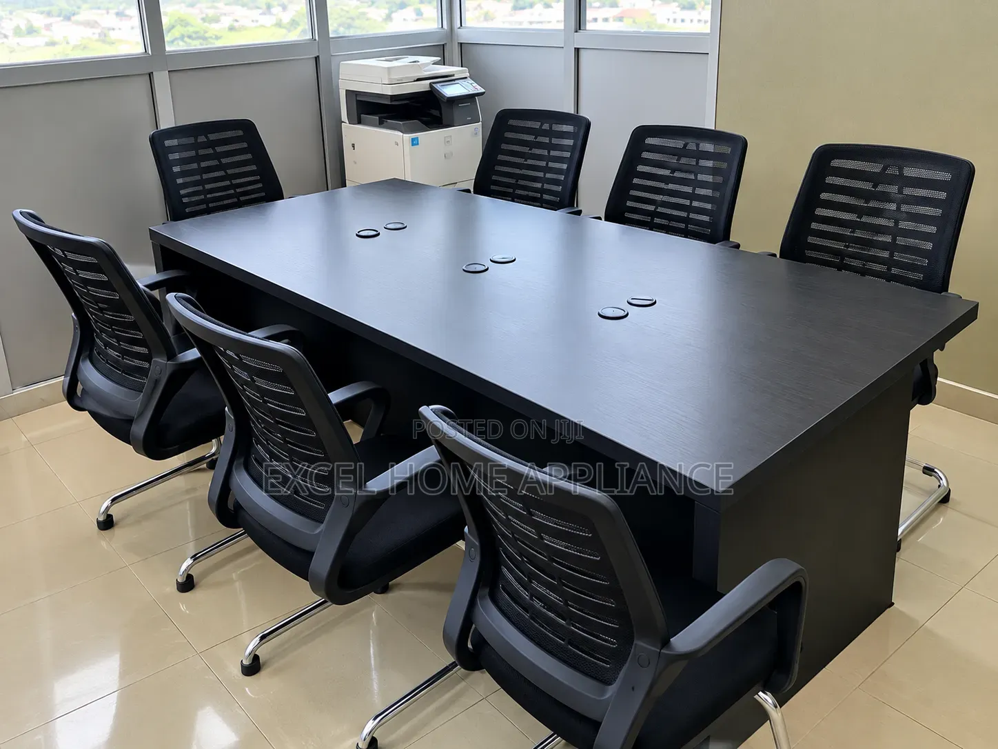 Modern Black Conference Table With 7 Mesh Office Chairs