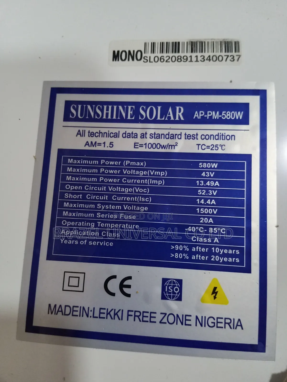 Sunshine Solar 580w Monocrystalline Panel