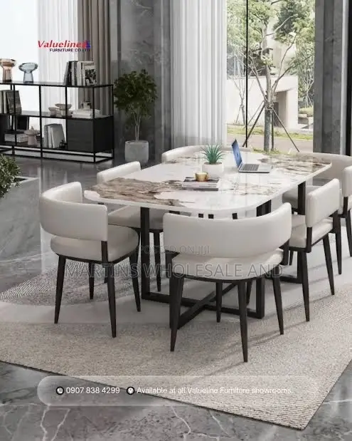 4-Seater White Marble-Top Dining Table Set With Curved Cream-Upholster