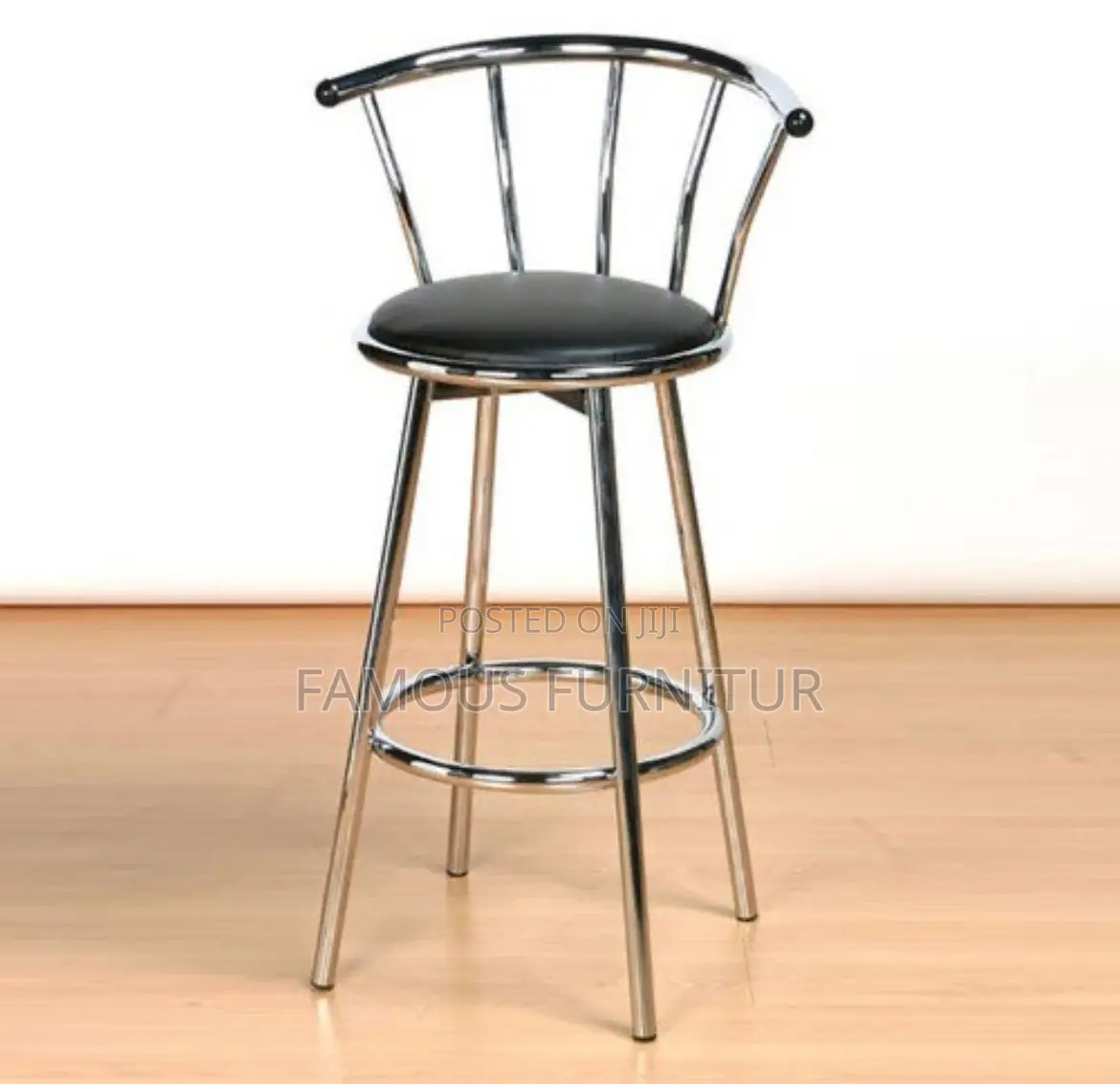Stainless Steel Barstool Round Black Padded Leather Seat and Backrest